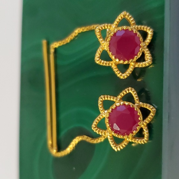22K Gold Ruby Threader Star Flower Earrings - Picture 1 of 7